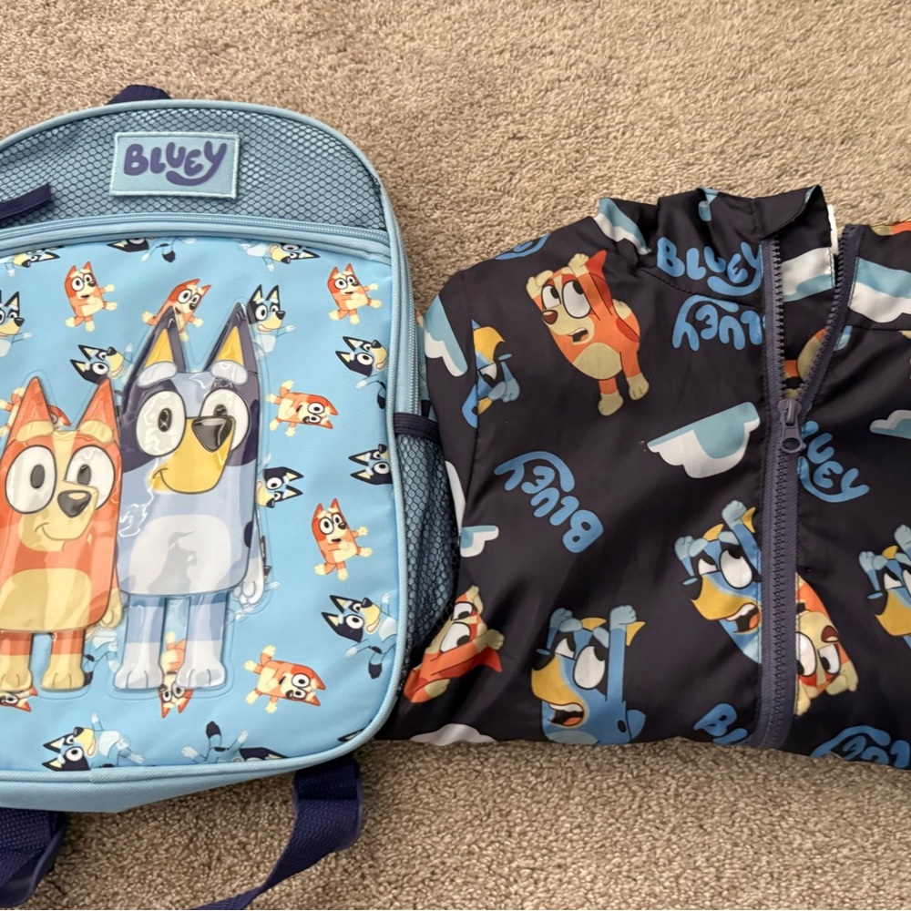 Bluey rain jacket and book bag